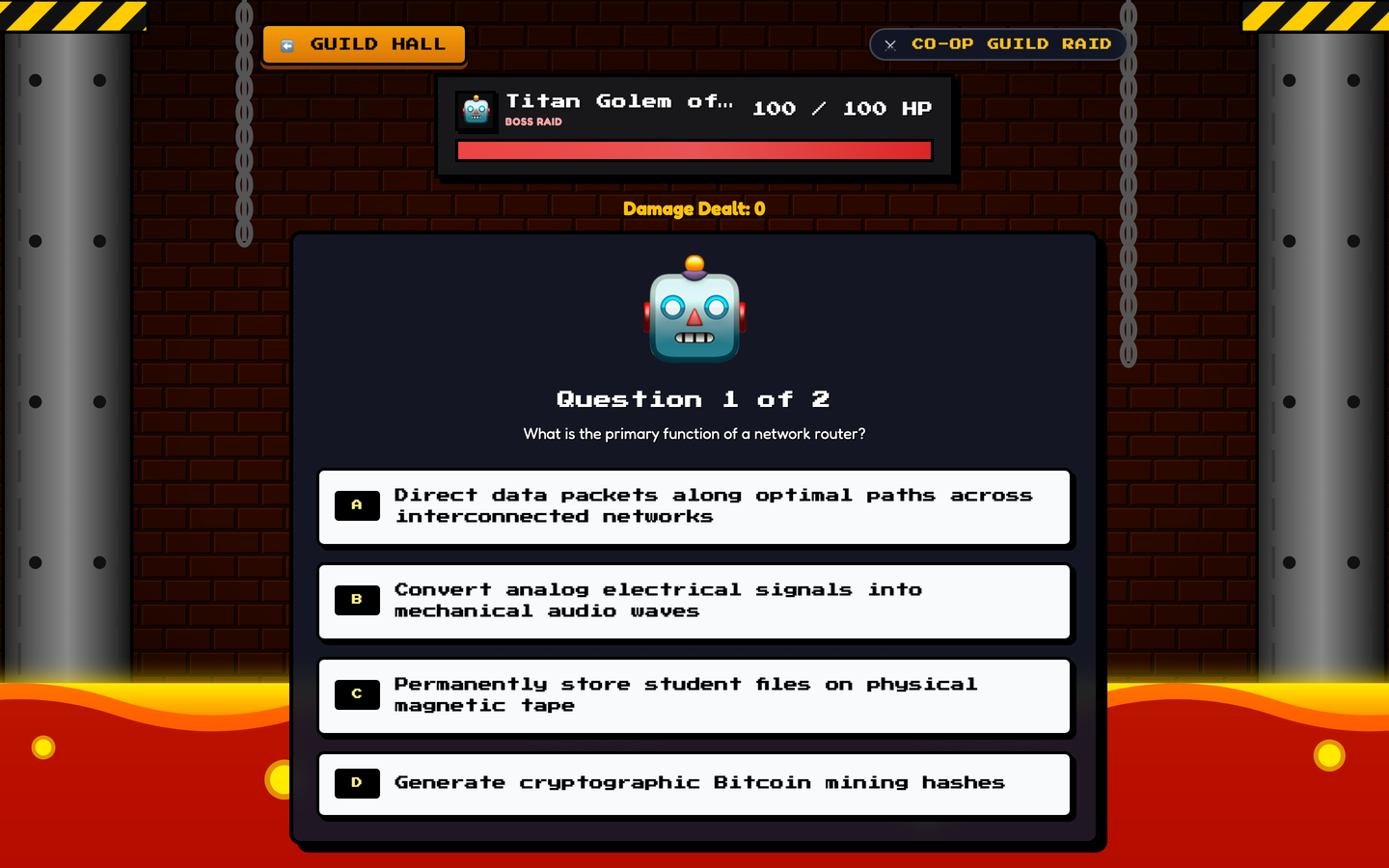 Tier Boss Battle Arena displaying boss health meter, animated avatar, and curriculum quiz challenge