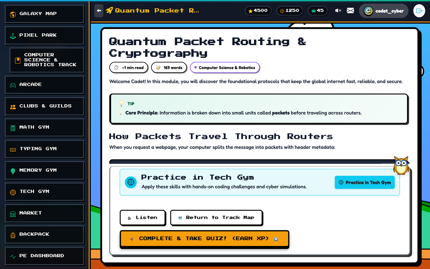Interactive Lesson Reader displaying formatted educational content, code blocks, and audio narration